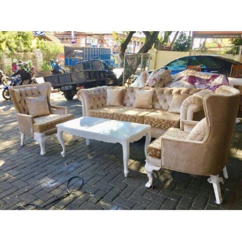 KURSI TAMU SOFA CHESTERFILD JOK KOMBINASI KURSI GRANFATHER RAFFI SYAHRINI MEWAH FURNITURE JEPARA