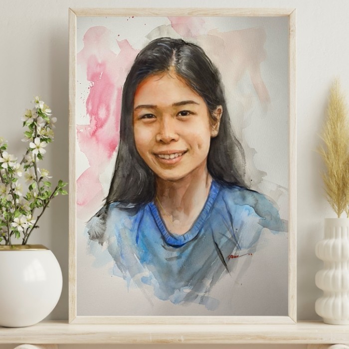 [Terbaru] Lukisan wajah Cat Air / watercolor + bingkai ukuran A4 ( 1 wajah )