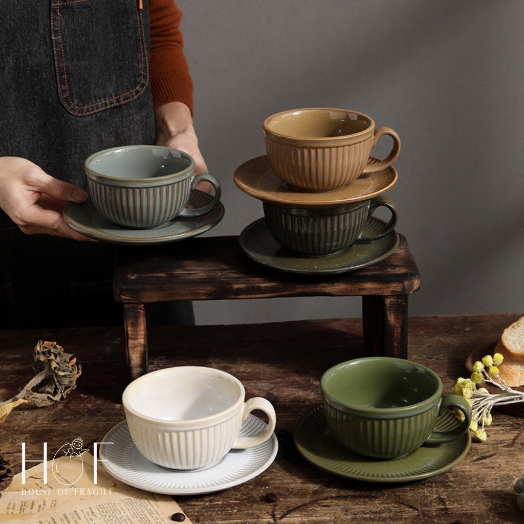 [HOF] SUTO Cangkir Keramik dengan Piring Gelas Kecil Mug Kopi Teh Cafe Kramik Unik Aesthetic
