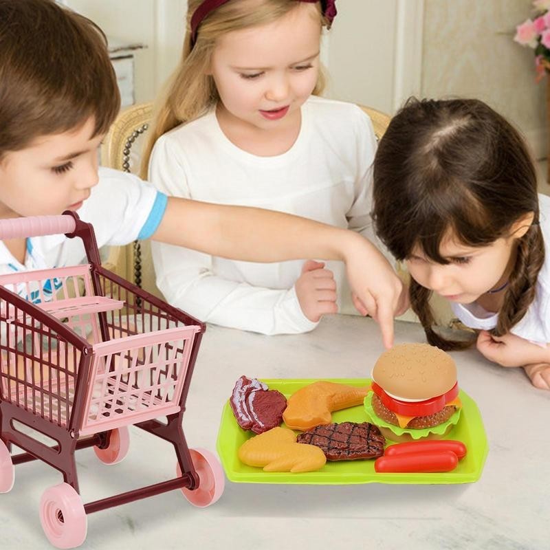 Shopping Car Toy With Hamburger Kids Supermarket Shopping Cart Trolley Cart Storage Toy Kid Room Des