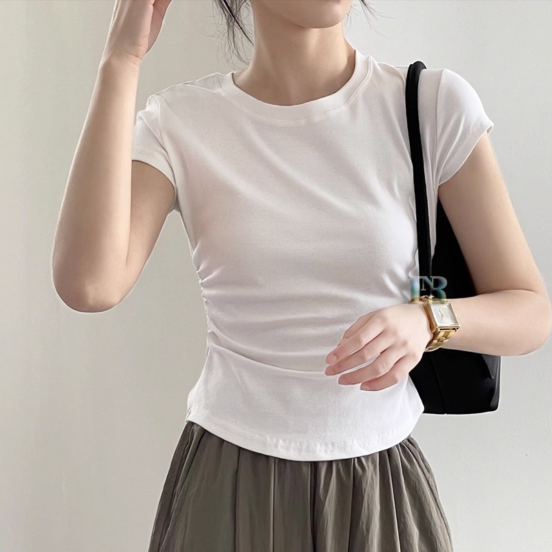 BI Atasan Wanita Dewasa Serut Samping Lengan Pendek Bahan Cotton 40S Crop Top Korean Style Kaos Kasu