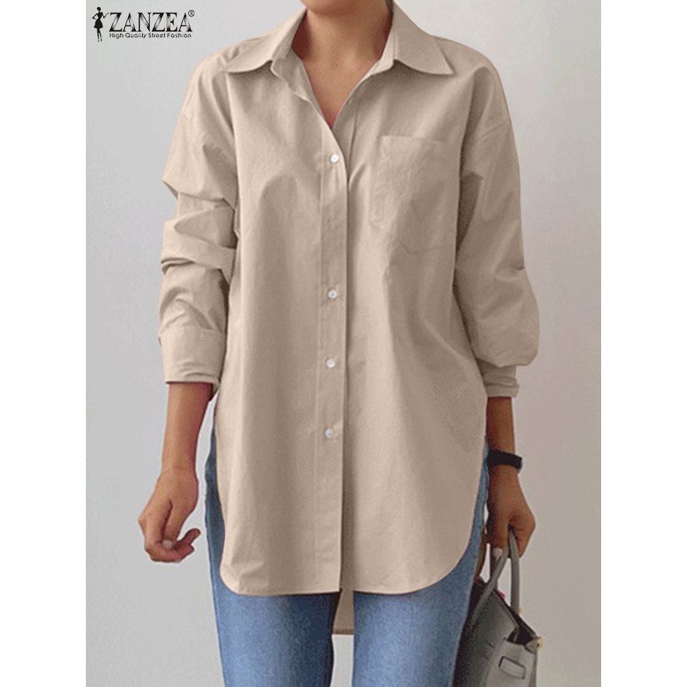2023 ZANZEA Spring Elegant Blouse Stylish Women Lapel Neck Long Sleeve Shirt Loose Solid Split Hem T
