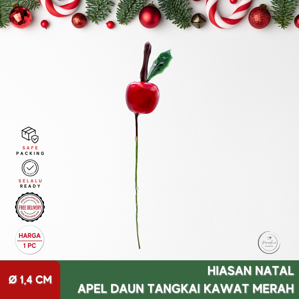 

Hiasan Natal Buah Apel Merah Tangkai + Daun Holly Kawat Diameter 1,4 cm Christmas Apple Lobi Hiasan Dekorasi Kado Hampers