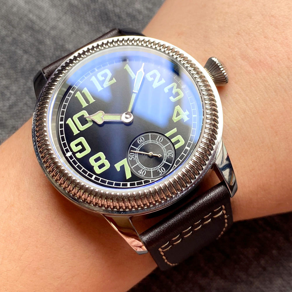

Vintage Nologo 44mm Steel Manual Hand Winding Watch for Men 17 Jewels 6498 Movement Sport Business Montre Homme Leather Band
