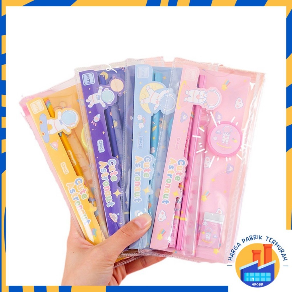 

HPT Alat Tulis Set Mini Anak Sekolah Penghapus Penggaris Pensil Serutan Stationary Set Alat Tulis 5 In 1 Karakter Lucu Warna-Warni Astronot Stationary