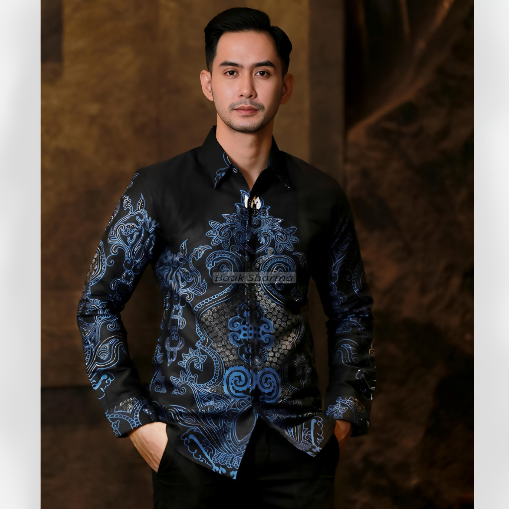 Sharma Kemeja Batik Pria Lengan Panjang Abinawa Biru Formal Slim fit Baju Batik Kantor Cowok Laskala