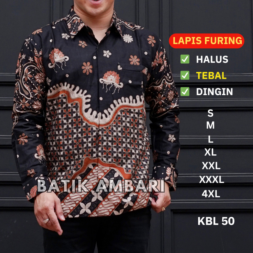 Kemeja Batik Pria LAPIS FURING Lengan Panjang STANDAR JUMBO XXXL 4XL Hitam | Batik Ambari KBL 50