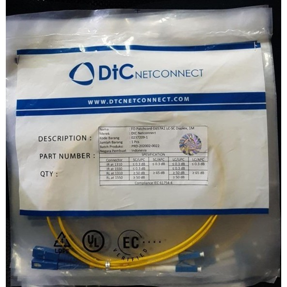 DTC Patch Cord LC - SC Singlemode Duplex 1M / Patchcord FO Fiber 1mtr
