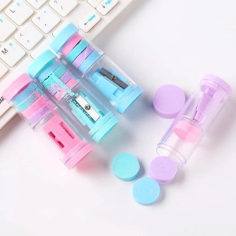 

Candy Color Pencil Sharpener with 4 Units Kawaii Erasers Pencil Sharpeners Case for Girls Gifts Back To School Supplies