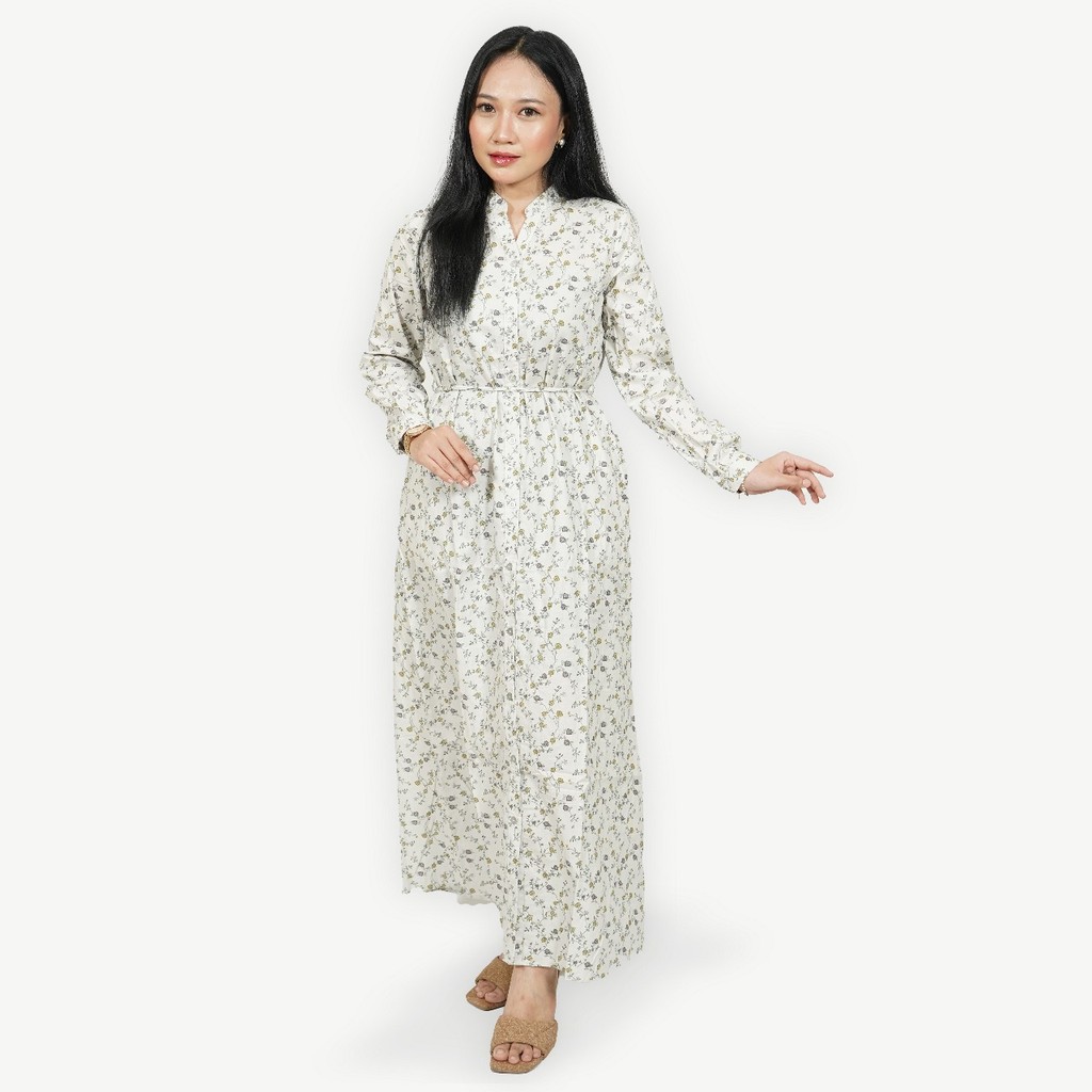 Puricia by Hassenda - Dirra Dress Muslim Gamis Wanita Terbaru Motif Bunga Hijau PGF95073CRM