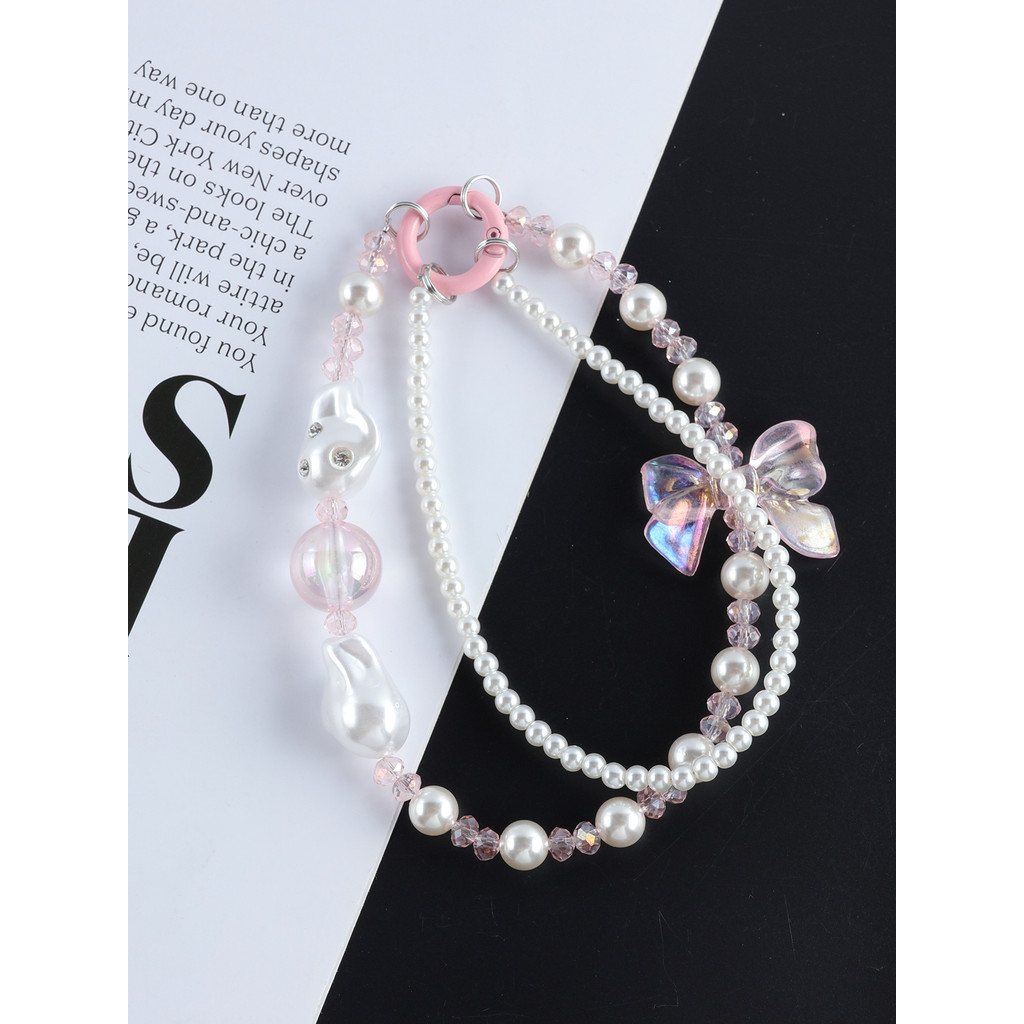 

2025 New pearl bow mobile phone chain crystal ins style sweet keychain universal lanyard women's gift