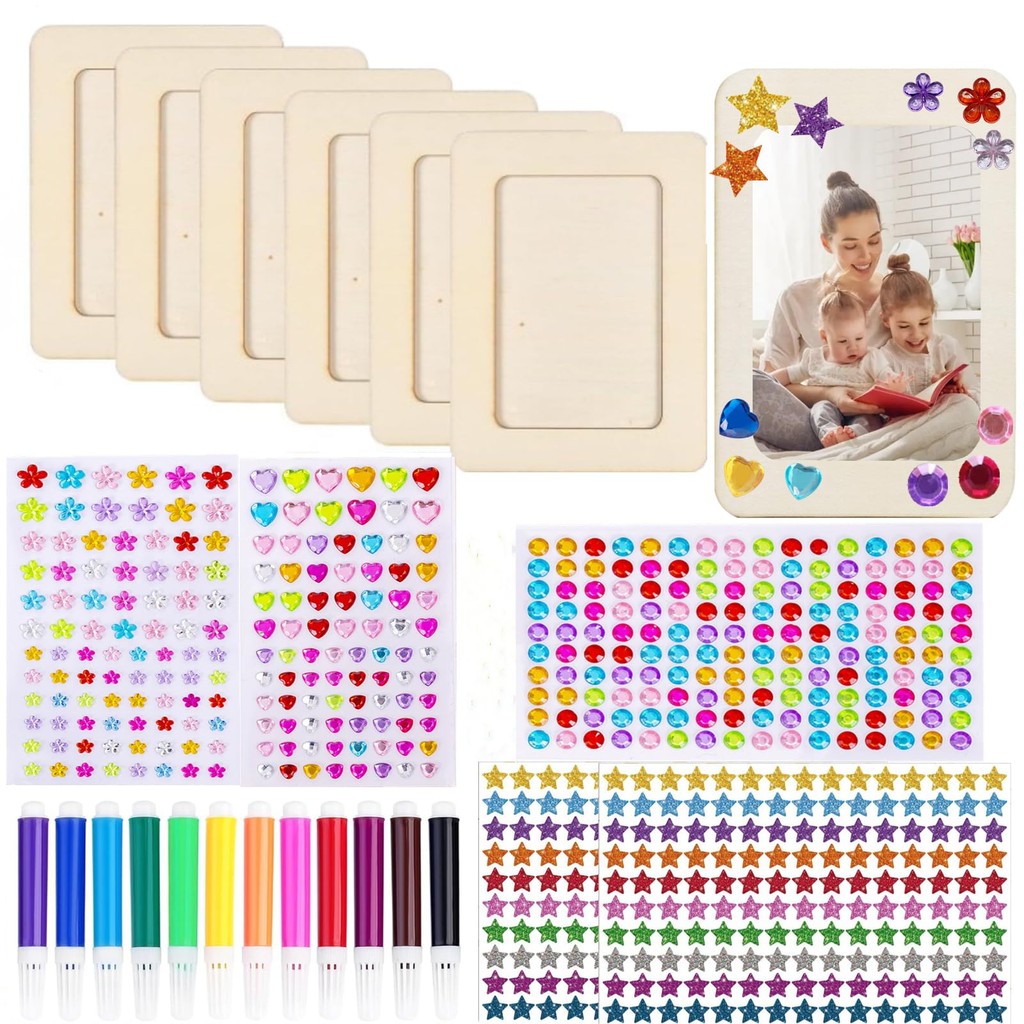 

22pcs/set Wooden Picture Frame Set Unfinished DIY Photo Frame with Stickers Painting Tools Color Pen Rhinestone Stickers for Kid