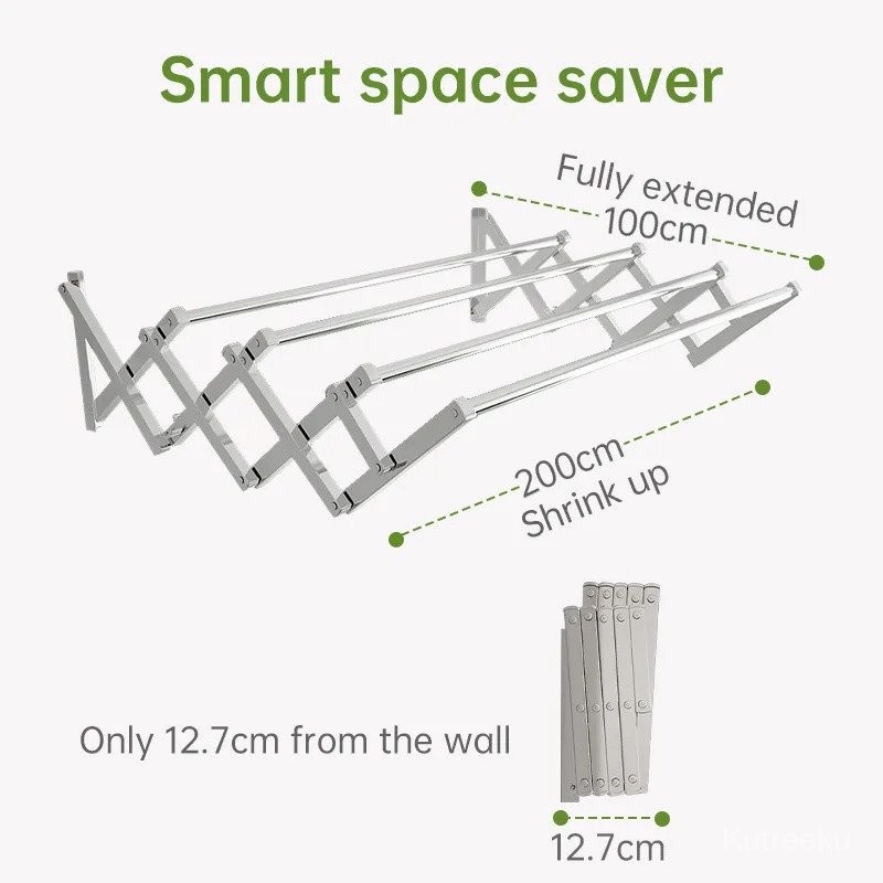 KUTREEKU MAJA Jemuran Dinding Stainless 304 Lipat 200CM - Rak Jemur Anti Karat - Kuat 20kg & Hemat R