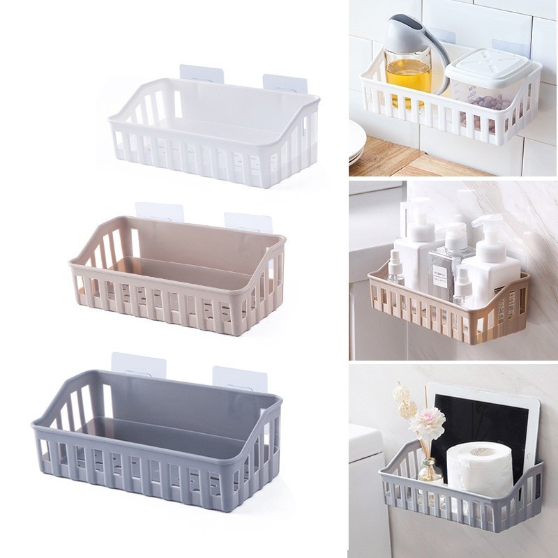 

Bathroom Plastic Storage Rack Punch-free Self-adhesive Seamless Kitchen Wall-mounted Storage-rack