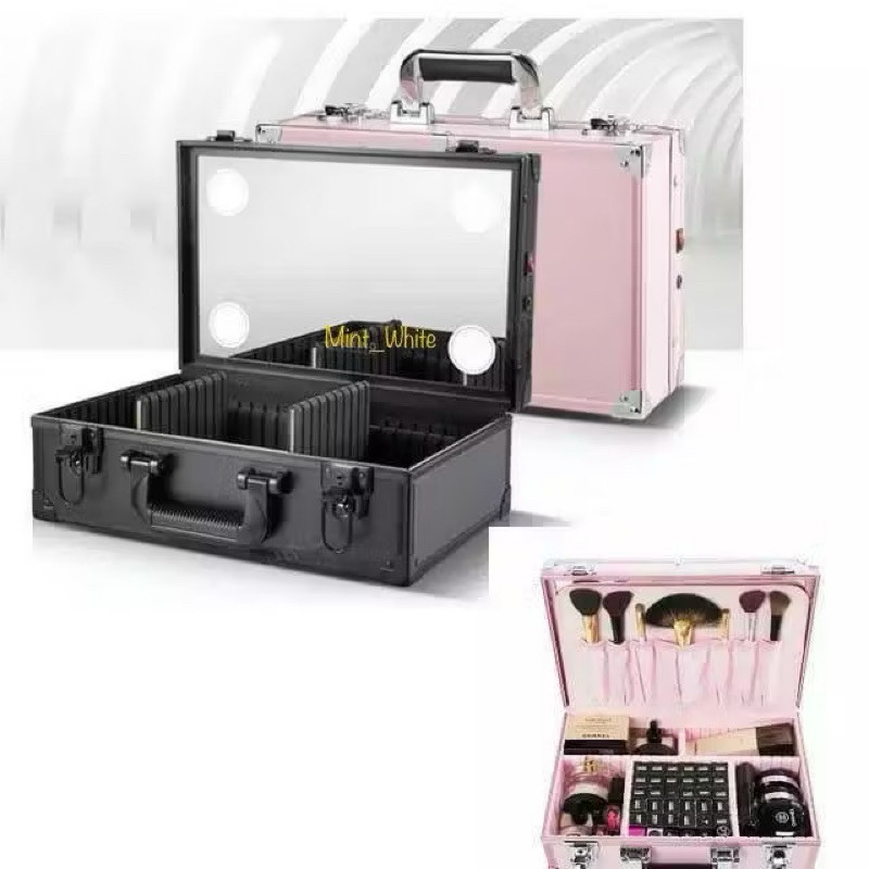 Tas MakeUp Kaca Lampu LED MUA Beauty Case Koper Make Up Koper Rias Kaca Lampu LED Beautycase LED Bag