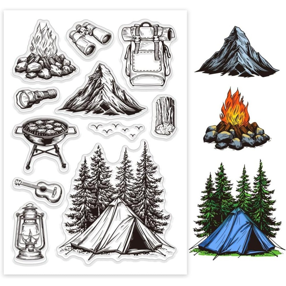 

Camping Clear Stamps Bonfire Tent Guitar Kerosene Lamp Telescope Silicone Stamp Seals Barbecue Grill Flashlight Transparent