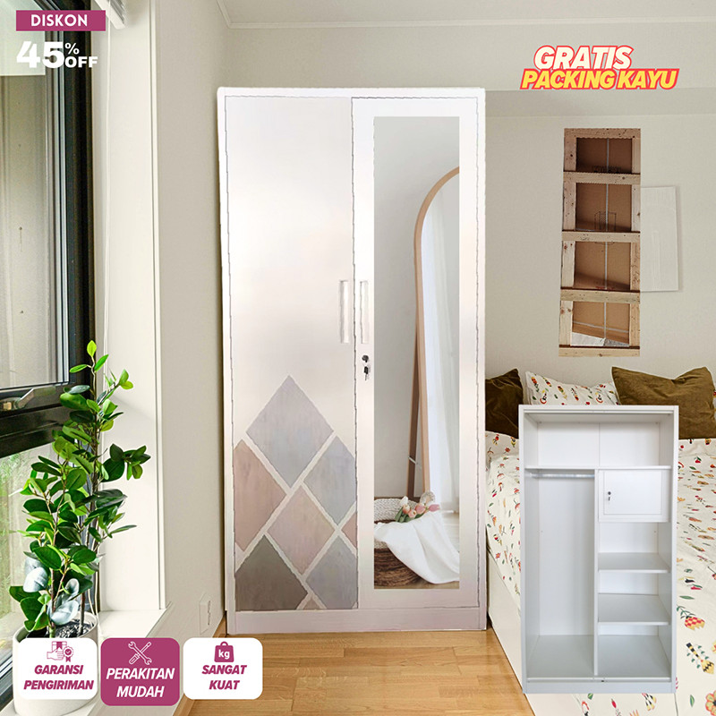 HI.quality-Lemari Pakaian Besi Lemari Pakaian Pintu ganda biasa 85cm2pintu 1 Hanger Cermin Minimalis