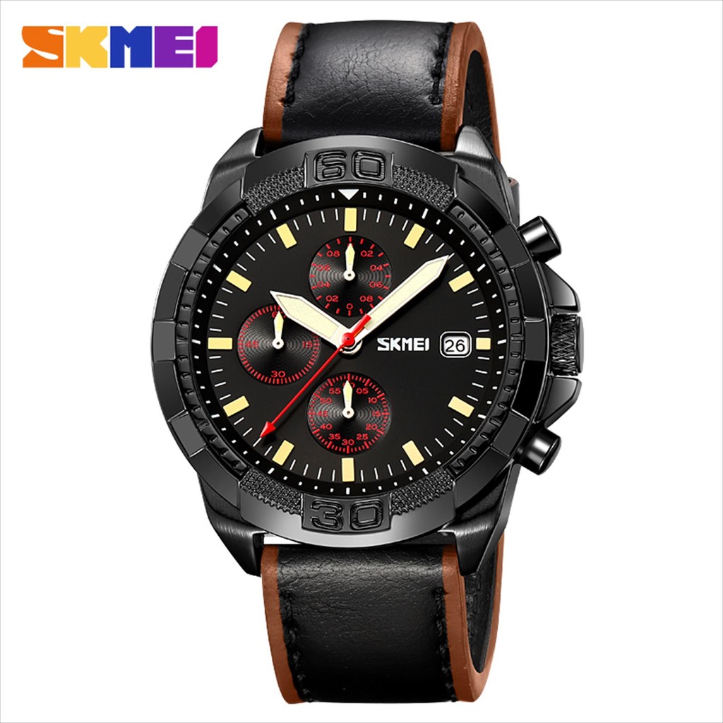 Jam Tangan SKMEI 9347 Analog Pria  Chronograph Aktif Leather Strap Tahan Air