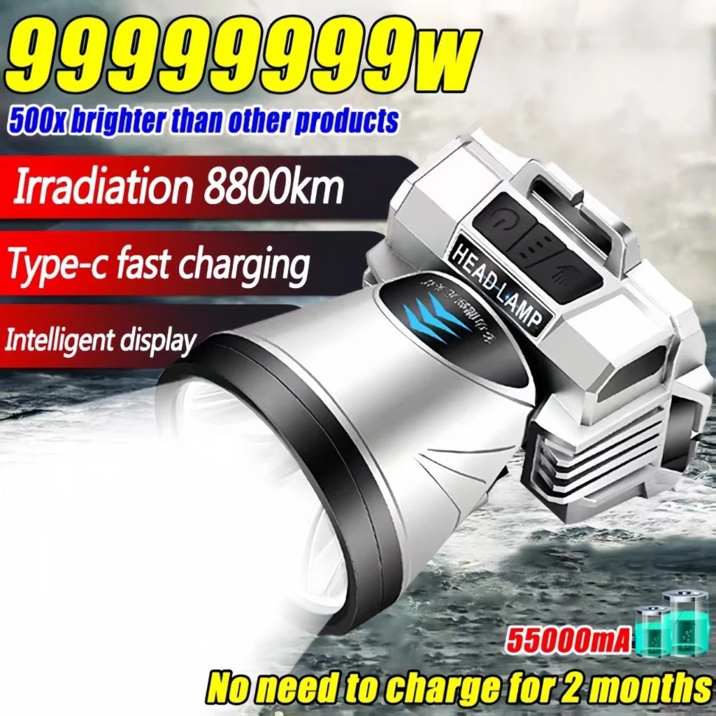 Senter Cas Super Terang Kepala Anti Air Jarak Jauh 600Watt Tahan 800 Jam Super LED Baterai Lithium S