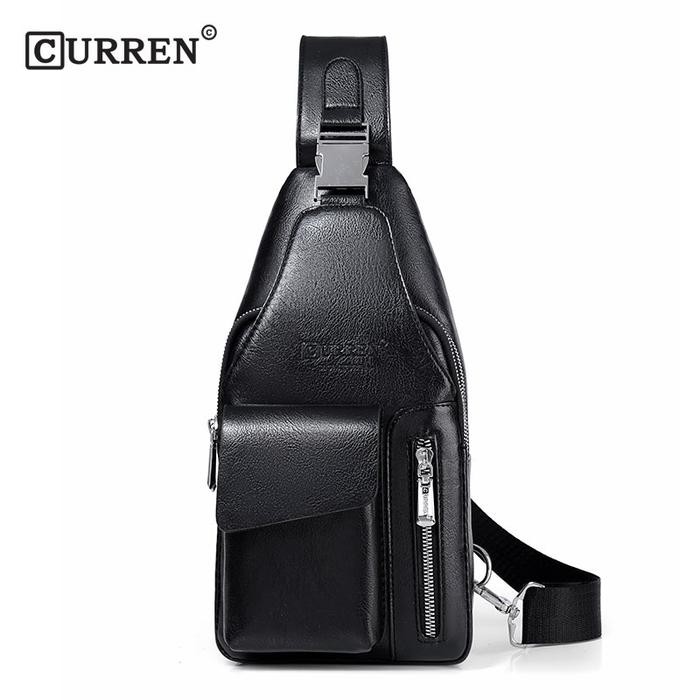 Tas Selempang Pria Bahan Kulit Messenger Bermotif CURREN CR9525 - Black