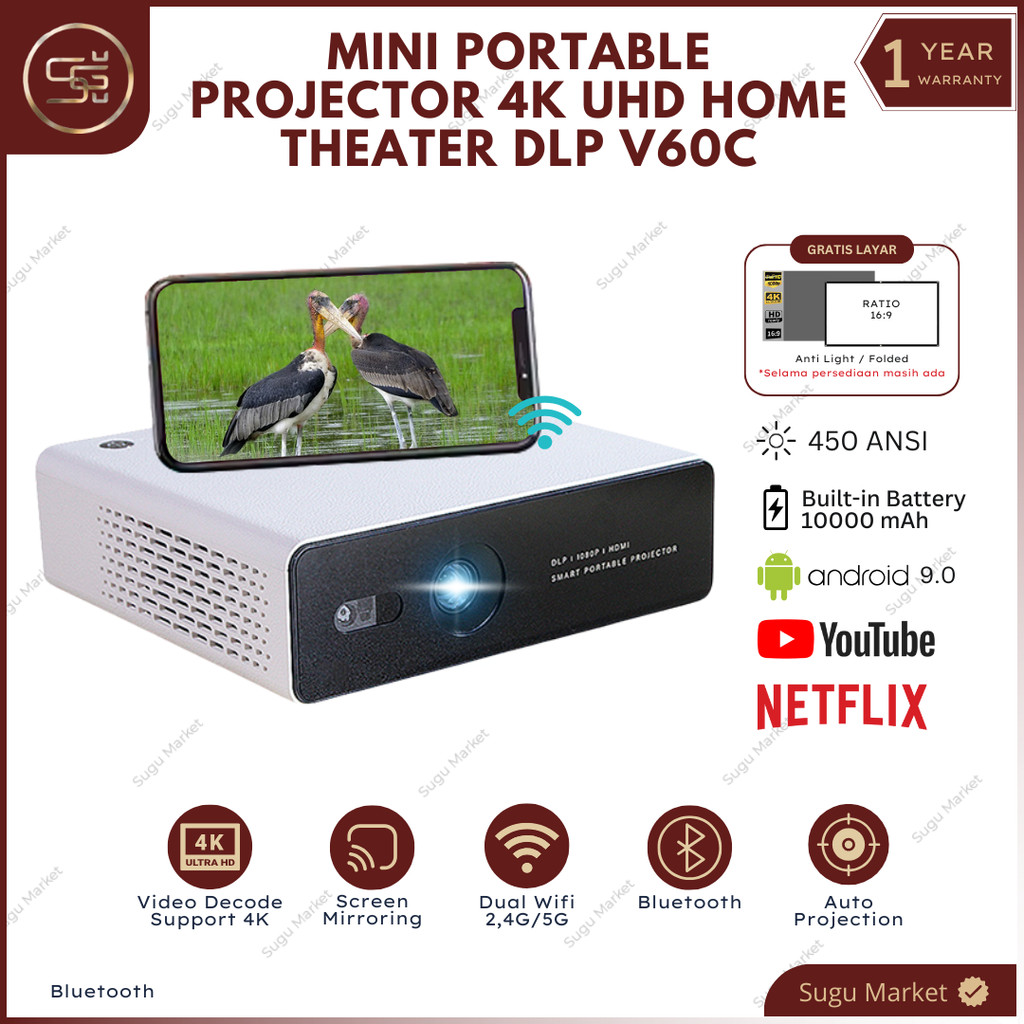 Proyektor Smart Mini DLP V60C 450 ANSI Lumens Built In Battery 10.000mAh | Proyektor Mini Portable A