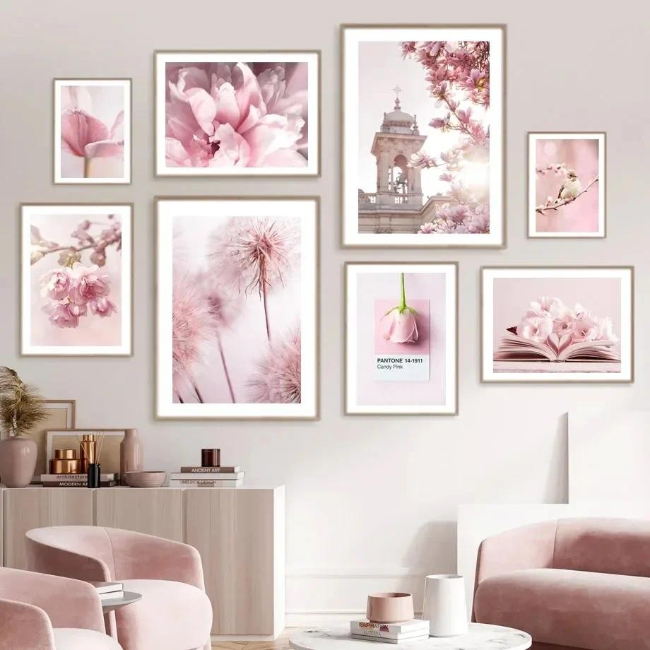 

Canvas Painting Spring Pink Rose Peony Sakura Dandelion Orchid Sparrow Car Garden Posters Flower Wall Art Interior Home Decor