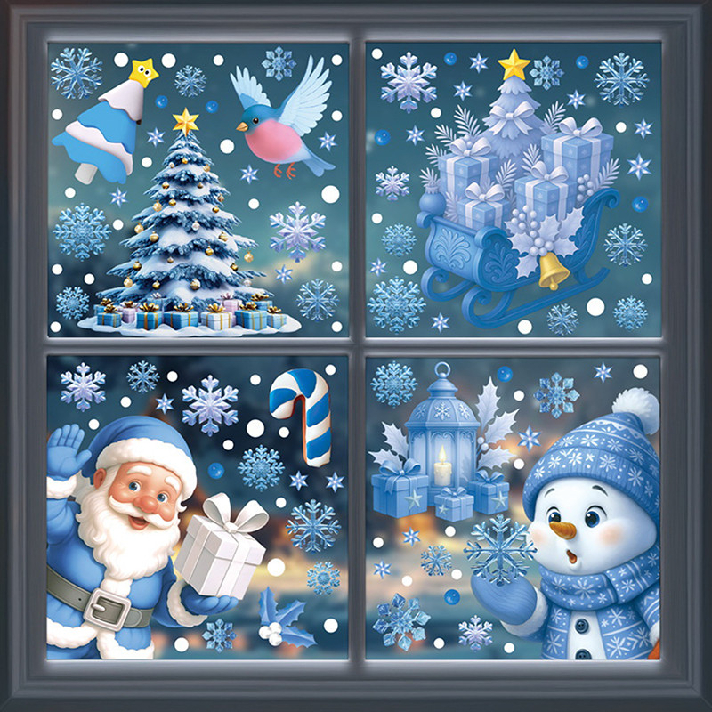 

Blue ristmas Window Clings-Static Sticker Set With Bells, Reindeer, Santa, Snowflakes & Snowman For Holiday Party Decor