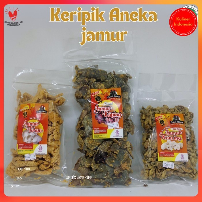 

Keripik Jamur Tiram Crispy/ Jamur Kancing/ Jamur Kuping Renyah Gurih Candi Prima Dieng