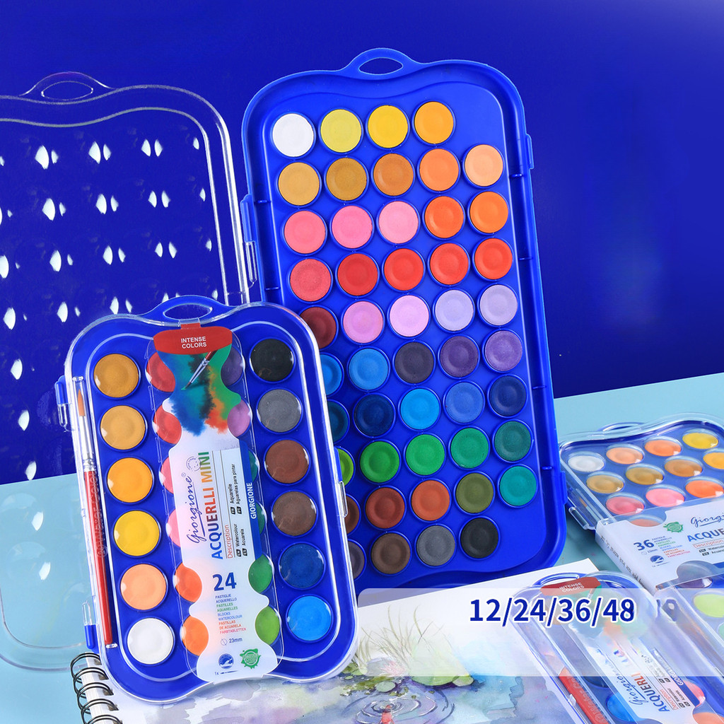 

12/24/36/48 Colors Solid Watercolor Pigments Rich Colors with Built-in Color Palette Art Supplies Student Drawing Pen Gift Box