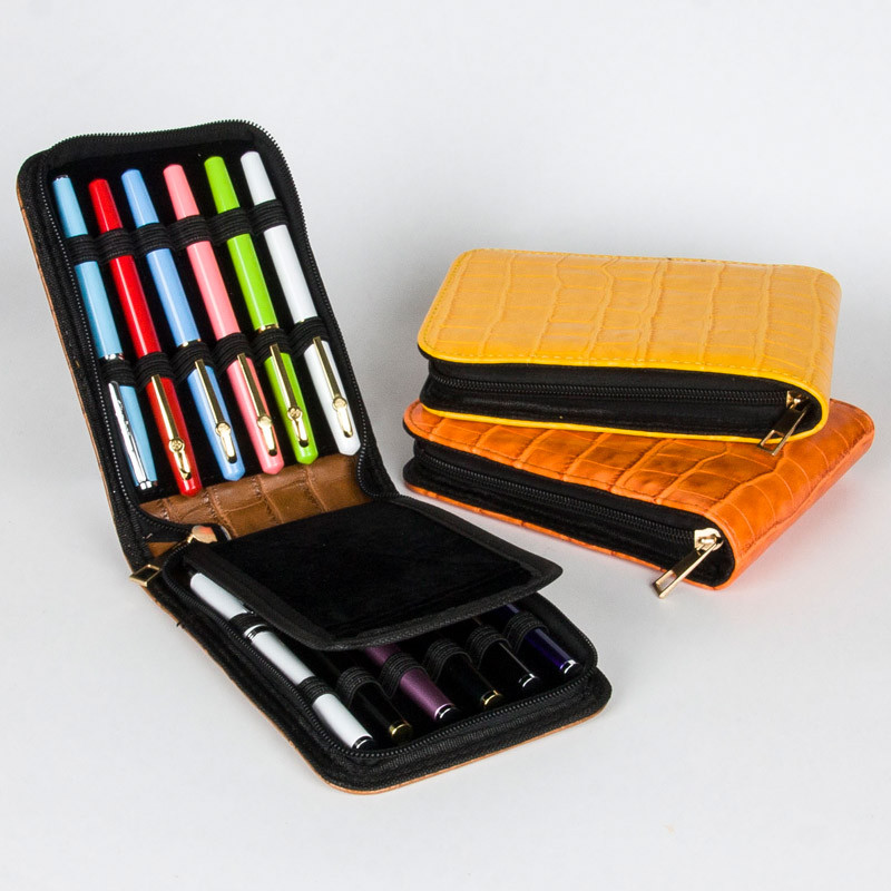 

High Quality Top Great Black Brown Leather Pencil Case For 12 Fountain Or Roller Ball Pen Case