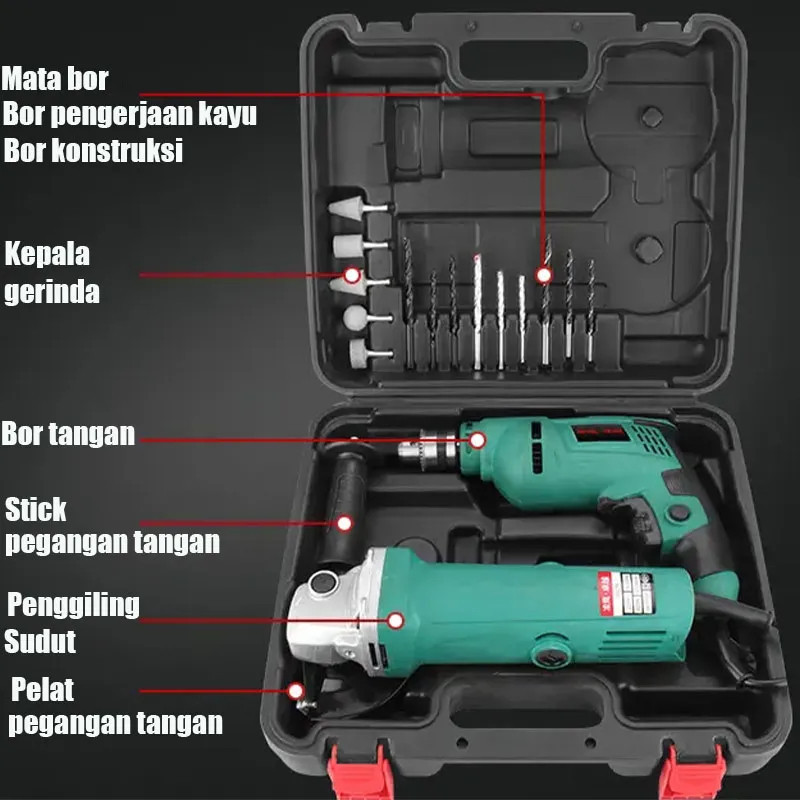 TAJ Set Gerinda dan Bor Tangan - Peralatan Pertukangan Lengkap 1 Paket Profesional