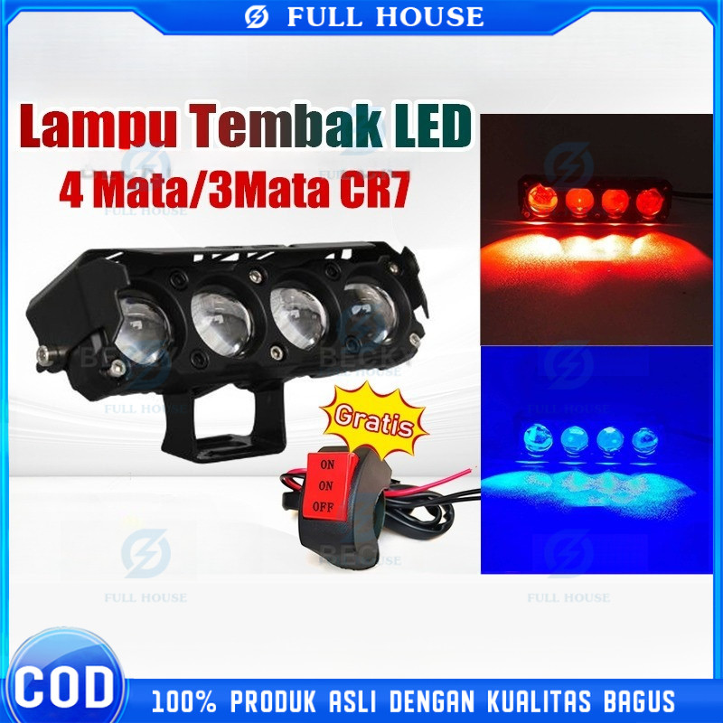 Full House！ Lampu LED Motor Lampu Tembak LED 4 Mata/3Mata CR7 Series Original Dengan Topi Premium Fu
