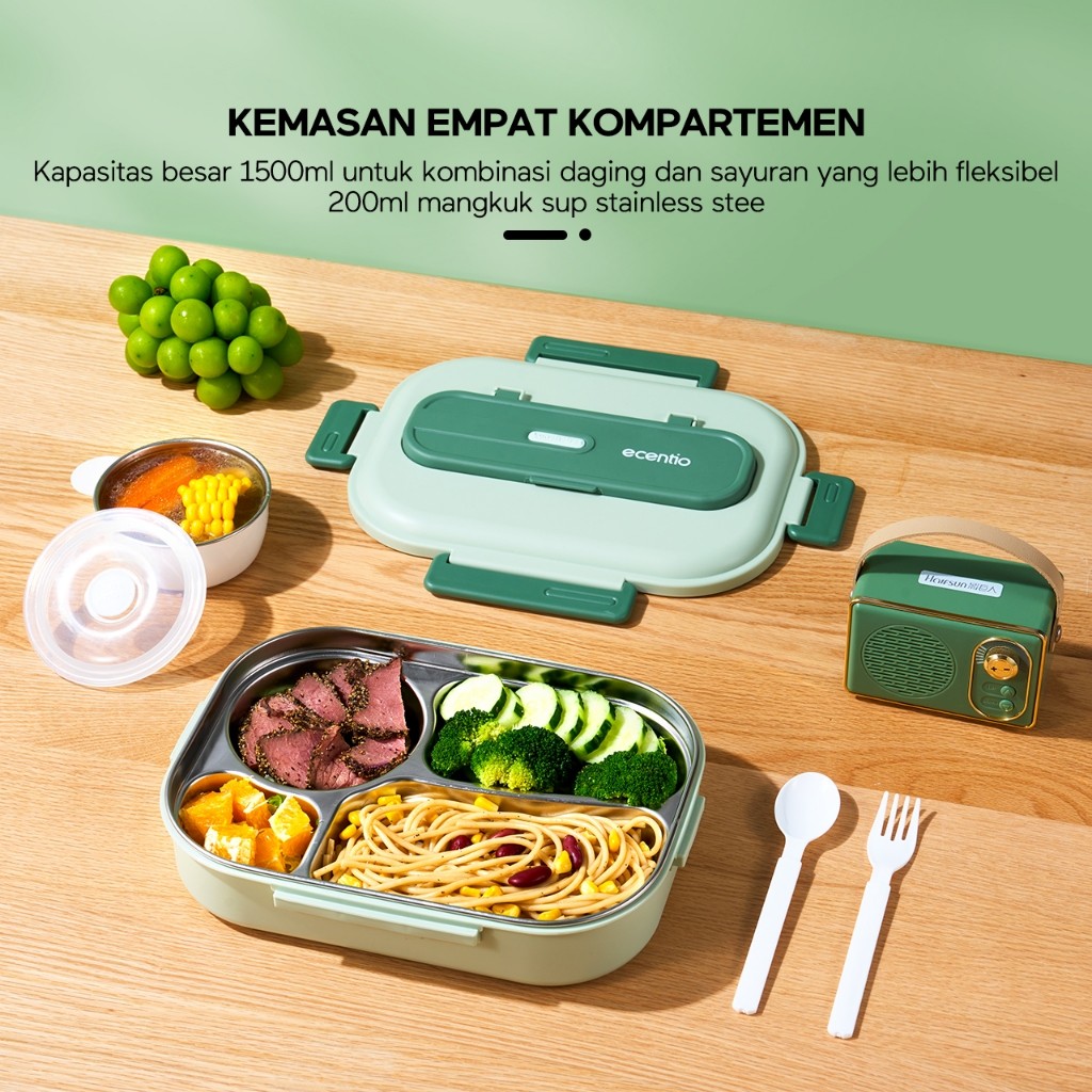 ECENTIO Lunch Box 4 Sekat Stainless Steel1500ml Free Wadah Cawan Sup Anti Bocor 200ml 304 stainless 