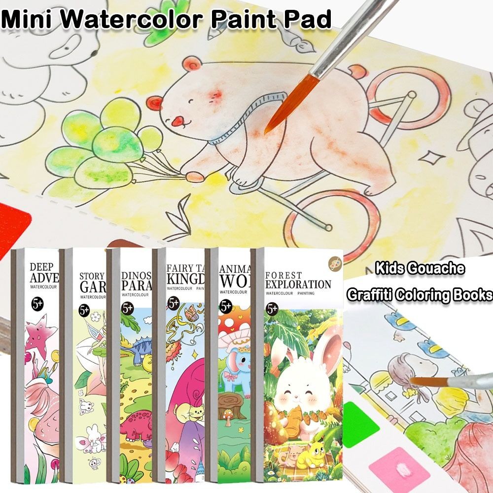 

DIY Cartoon Pattern Mini Watercolor Paint Book Portable With Paint and Brushes Drawing Paper Mini Water Color Paint Pad Kids