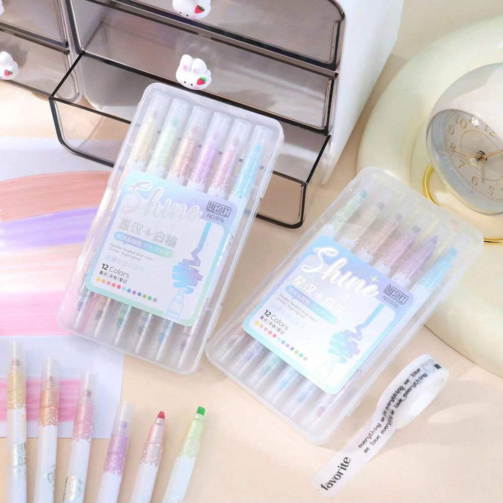 

6Pcs/set Kawaii Glitter Highlighters, Dual Tip, Aesthetic Marker Scrapbook Painted Cute Highlighters for School Markers