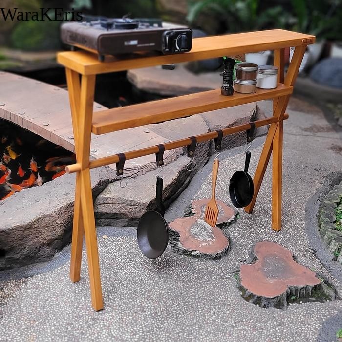rak kayu lipat camping outdoor - coklat muda WR10