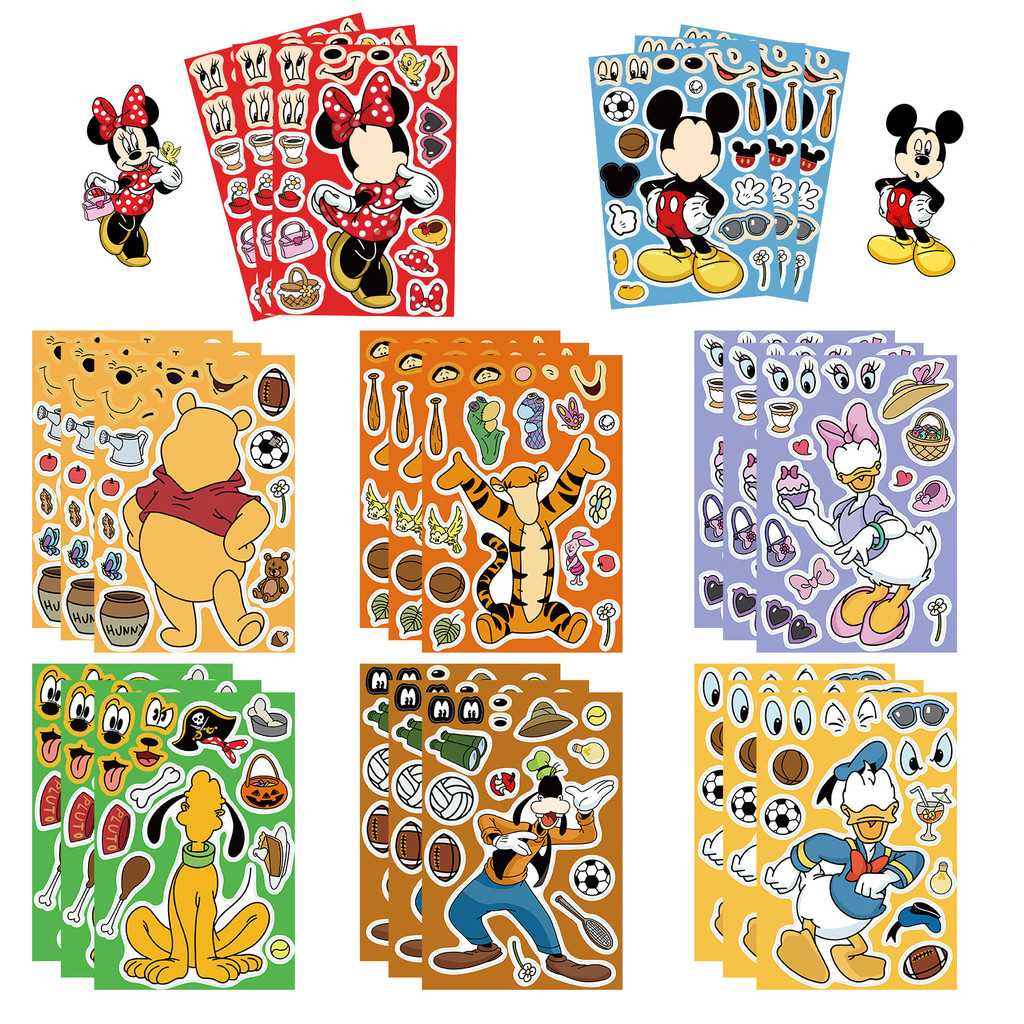 

8 Sheets Disney Make A Face Puzzle Stickers Mickey Minnie Donald Duck Kids Assemble Jigsaw Toys Children Funny Game Party Gift