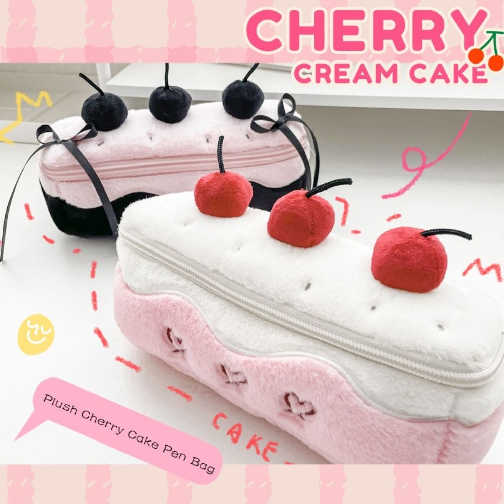 

Cartoon Plush Pen Bag Cherry Cake Portable Pencil Case Large Capacity Multifunction Pen Box School Office