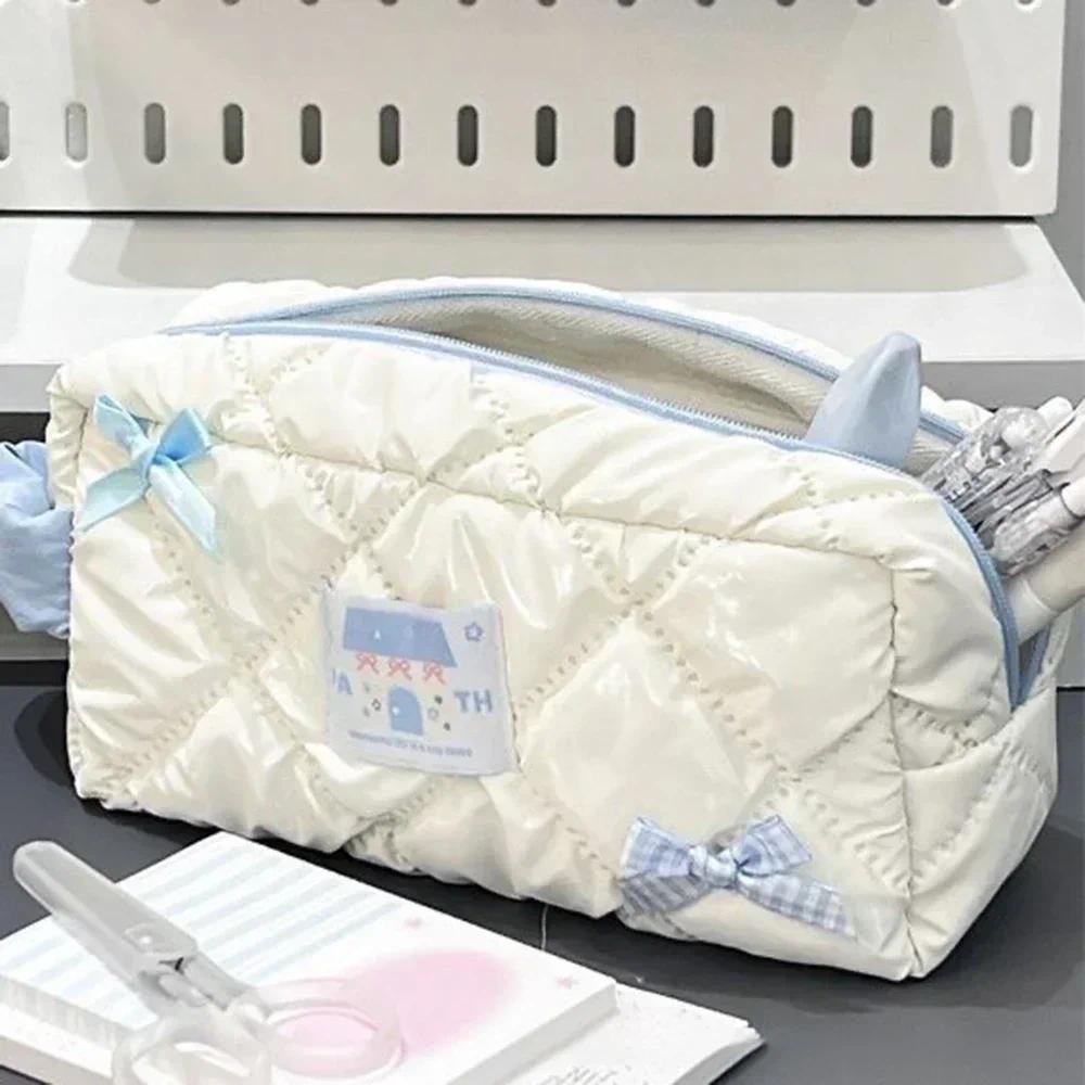

Blue White Bow Pencil Bag Large Capacity Stationery Bag Travel Storage Bag Women'S Cosmetic Bags Cute Design Girls Pencil Case