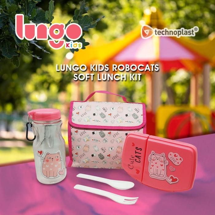 Tempat Makan Anak / Lunch Box Set dengan Tas Lungo Kids Robocats Soft Lunch Kit Technoplast - Pink