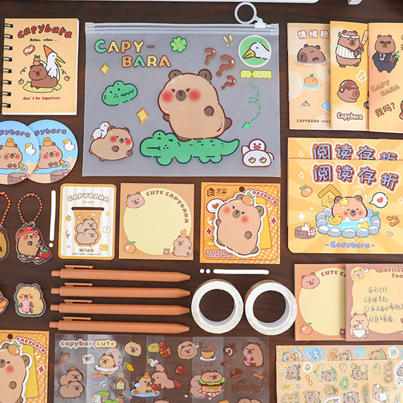 

1PC Cartoon Capybara Stationery Set Supplies Student Notebook Pens Bookmarks Study Supplies Multifunctional Storage Bag Kid Gift