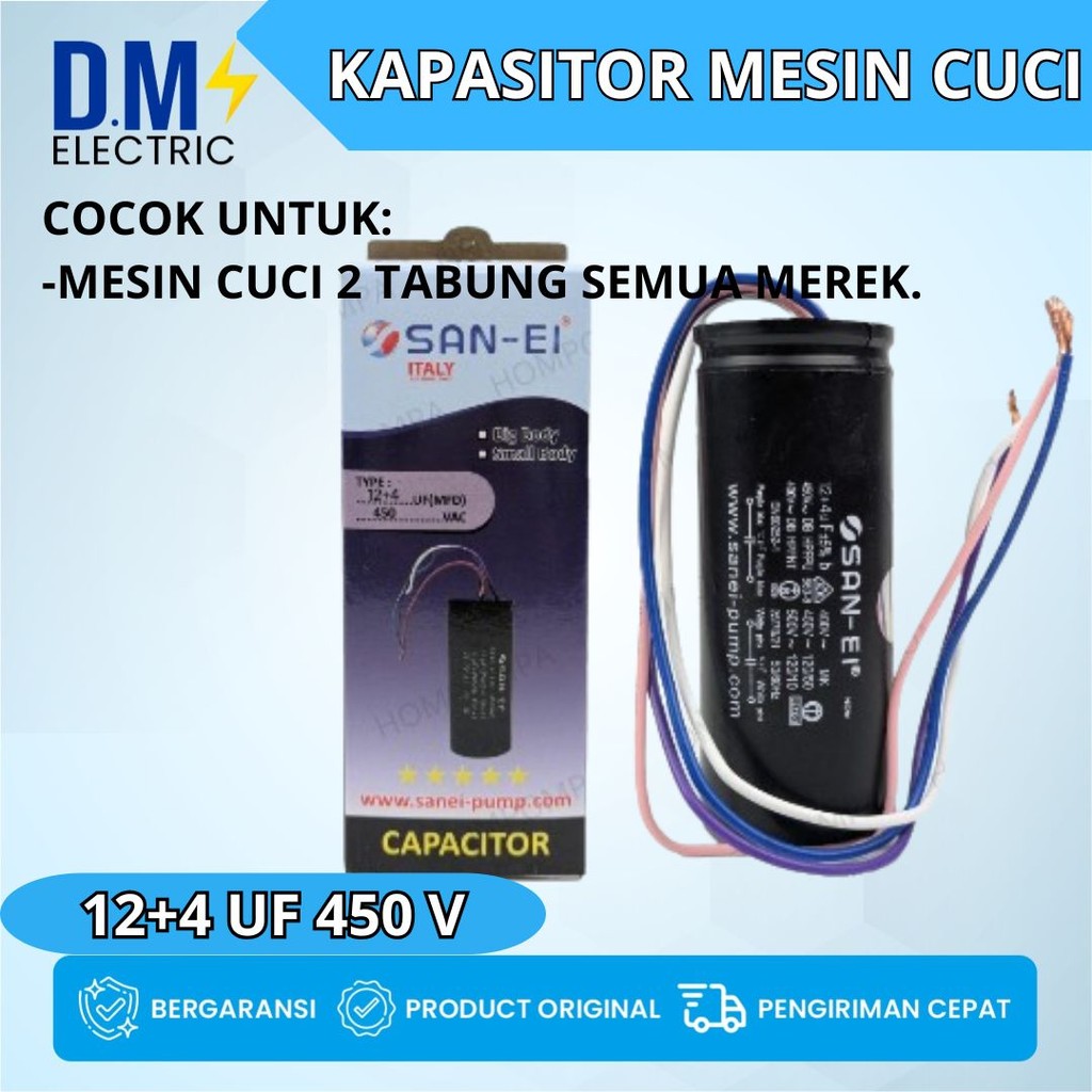 KAPASITOR MESIN CUCI 12+4 UF SANEI ORIGINAL - CAPACITOR MESIN CUCI 2 TABUNG 4 UF + 12 UF 450V