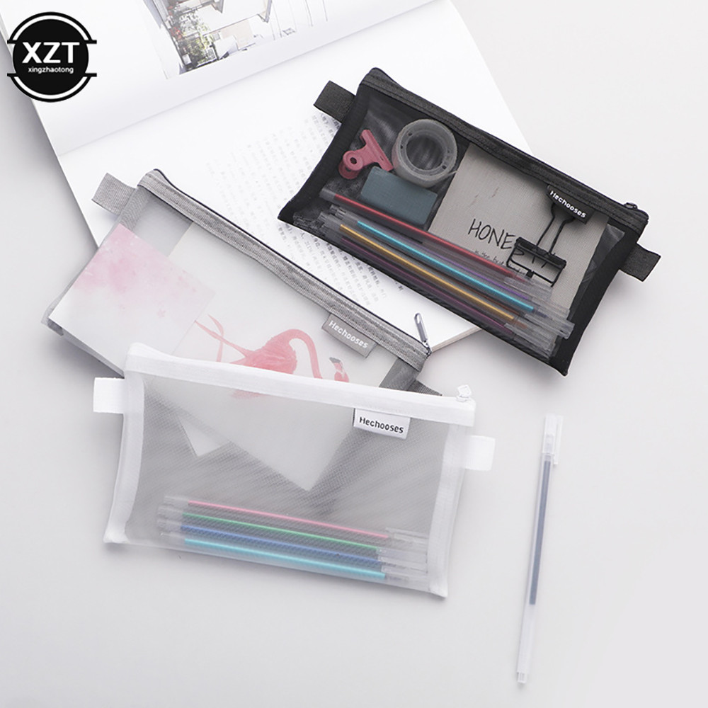 

1PC Creative Mesh Transparent Cute Square/Oval Simple Portable Pen Pencil Pouch Bag School Office Supply Stationery Storage Case