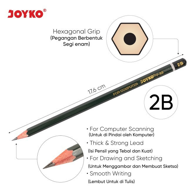 

Pensil 2B Joyko P88 isi 1 lusin 12btg Pensil Grafit Untuk Komputer