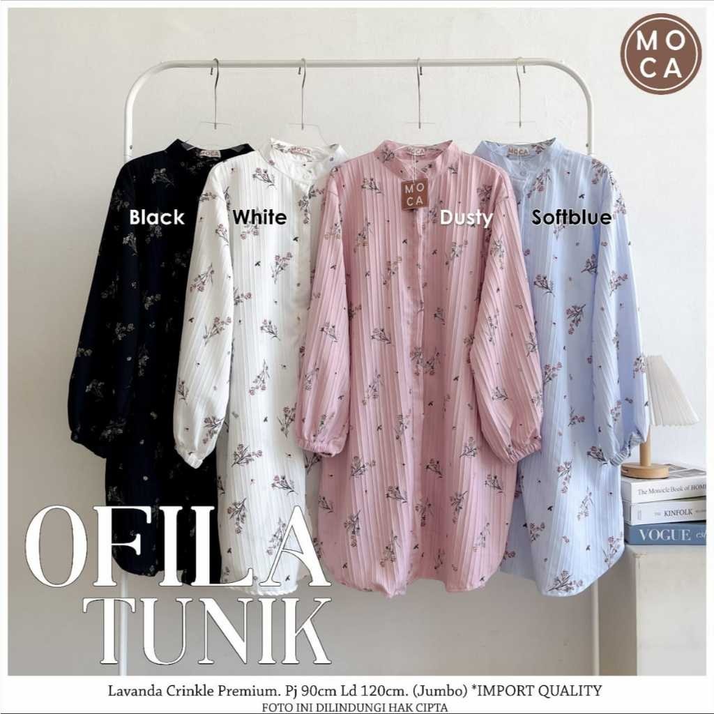 moca atasan wanita kekinian ld 120 ofila tunik motif bunga mat lavanda crinkle premium