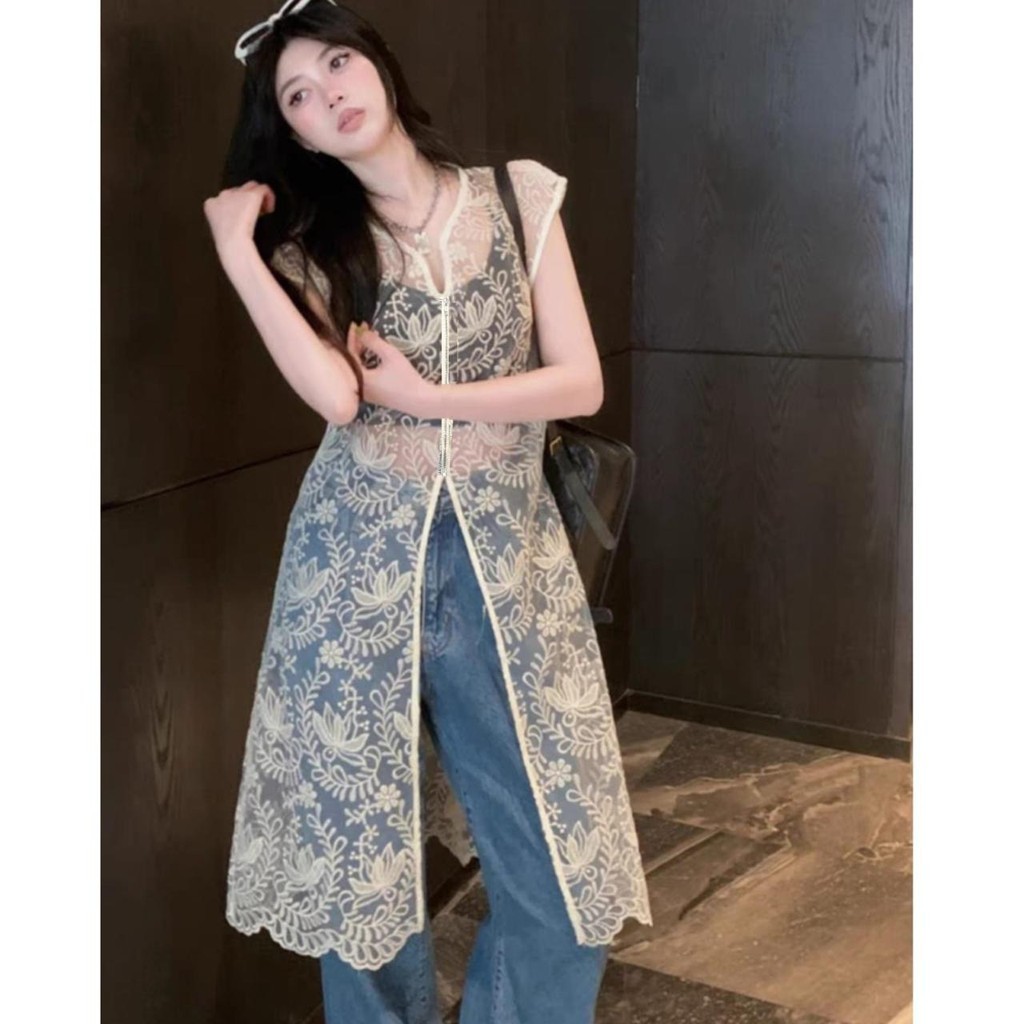 BEST SELLER ADABEL TM 27790# - VEST BROKAT WANITA PANJANG ELEGAN OUTER ORGANZA BORDIR KEKINIAN ROMPI