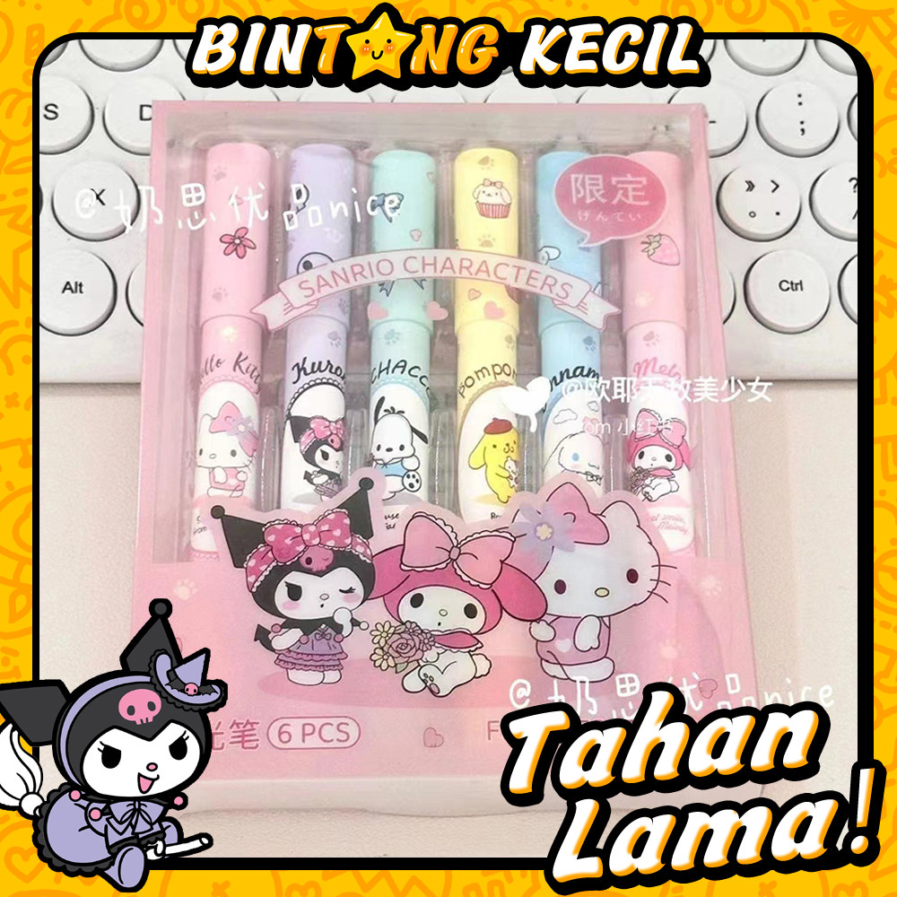 

6Pcs Stabilo Highlighter Penanda Sanrio Pen Cute Pastel Colorful Spidol Multifungsi Alat Tulis Siswa