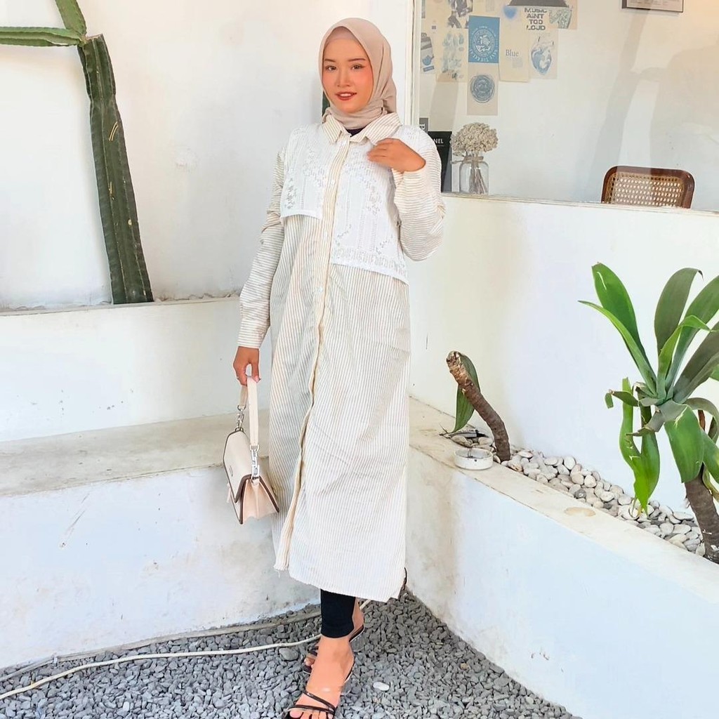 Midi dress terbaru / dress korean style/ midi dress garis salur premium/ salur midi kombinasi brukat