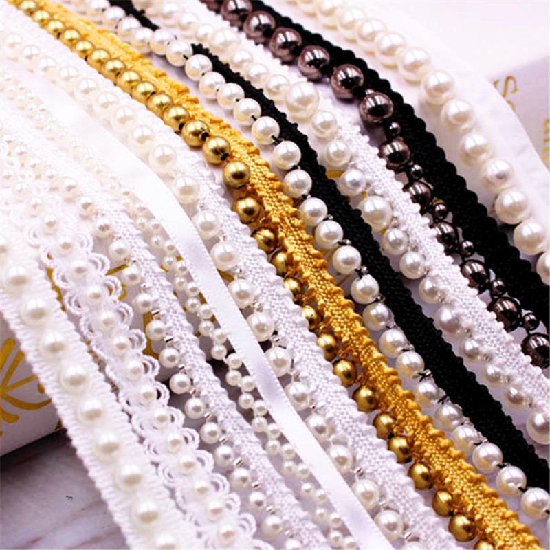 

1yard/10yards Hand-stitched Pearl Glitter Beads Braid Lace Ribbon Wedding Dress Skirts Collar Neckline DIY Sewing Appliques