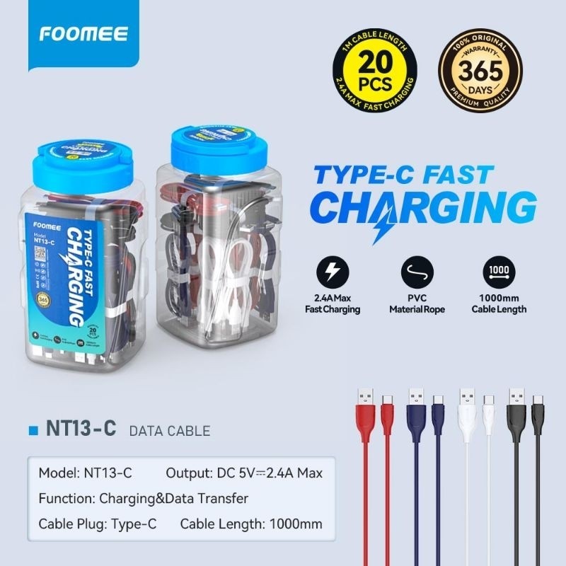 FOOMEE NT13-M/NT13-C/NT13-L(1toples isi 20pcs) DATA MICRO/TYPE-C/LIGHTNING 2.4A 100CM FAST CHARGING